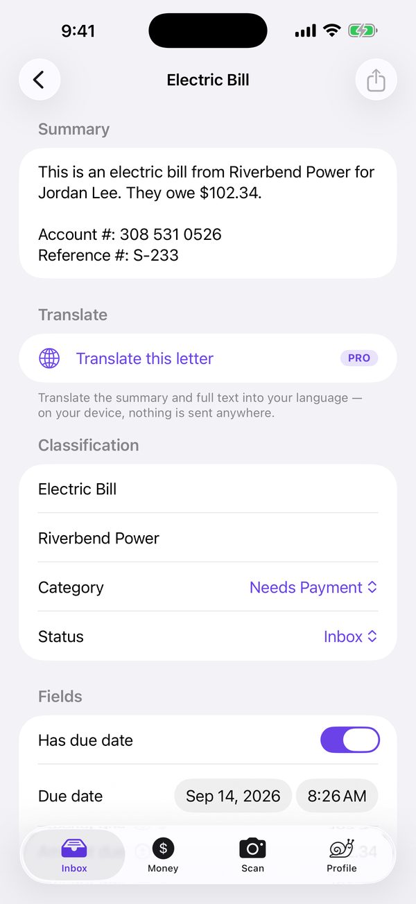 Snailbox letter details for a sample electric bill: a short summary with the amount owed and the account and reference numbers, then the sender, the Needs Payment category, and the due date.