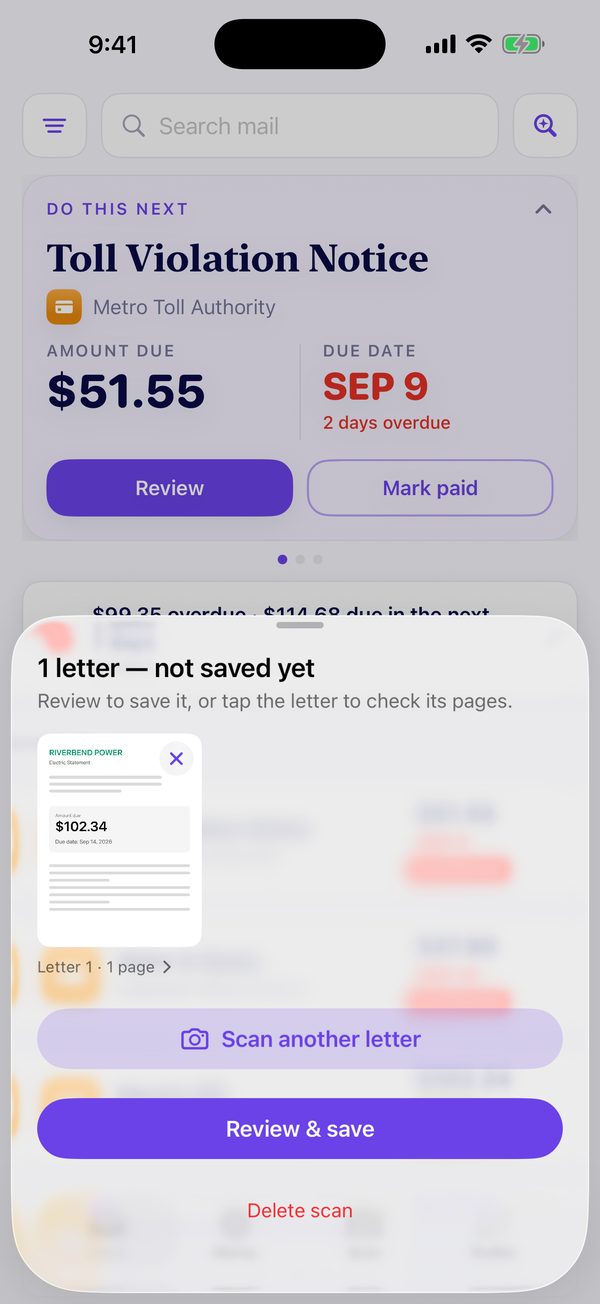 Snailbox after a scan: a sheet titled “1 letter, not saved yet” shows a thumbnail of a sample electric statement, with buttons for Scan another letter, Review and save, and Delete scan.
