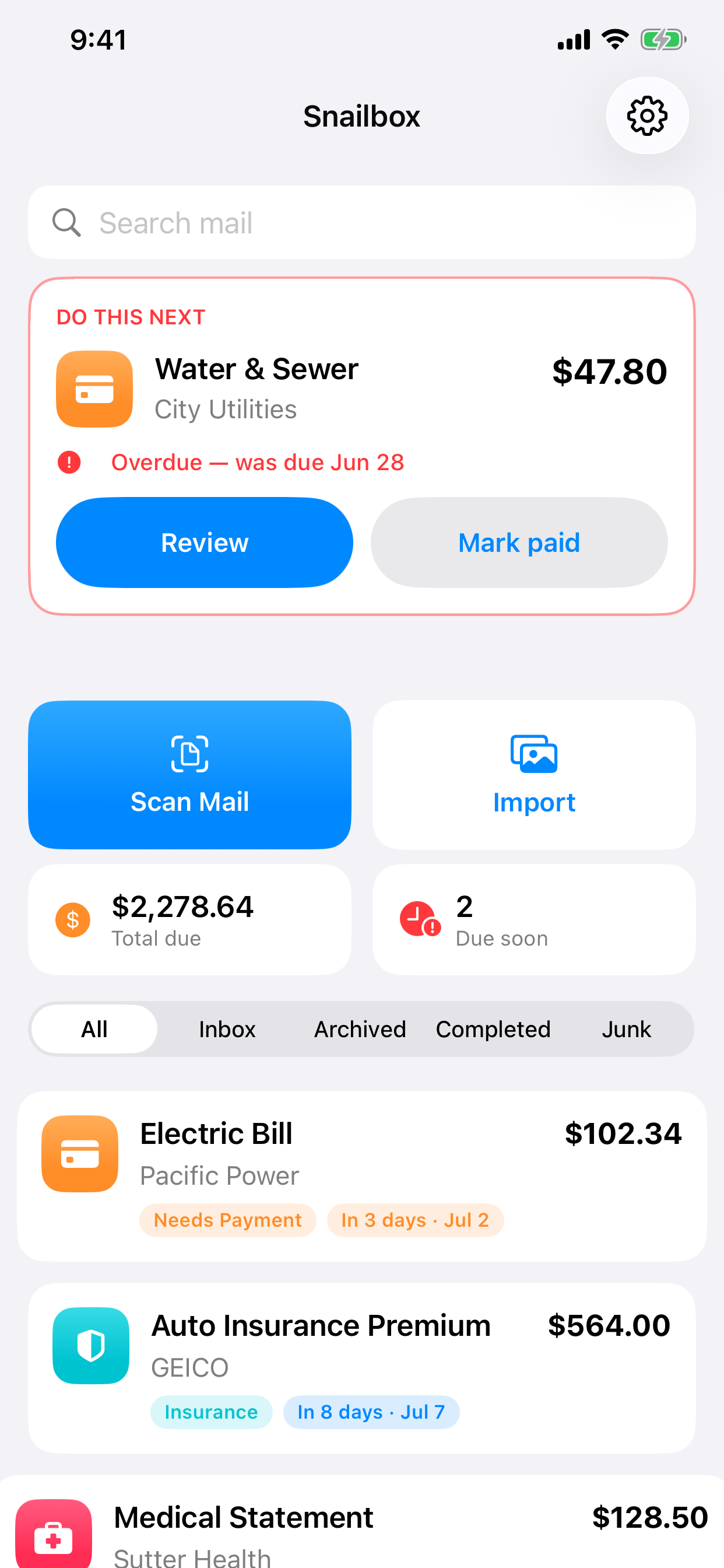 Snailbox inbox — bills with amounts and due dates