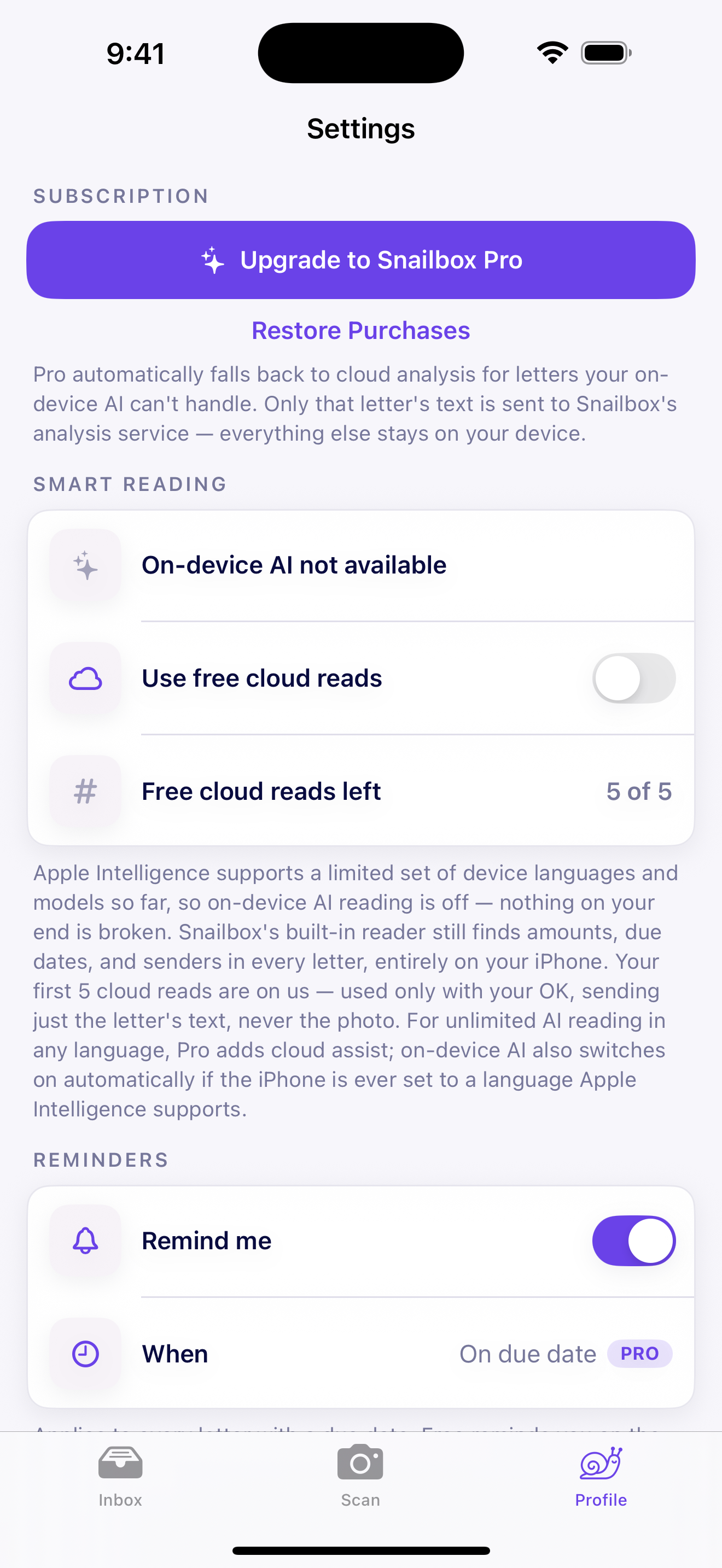 On-device by default, cloud only with your OK